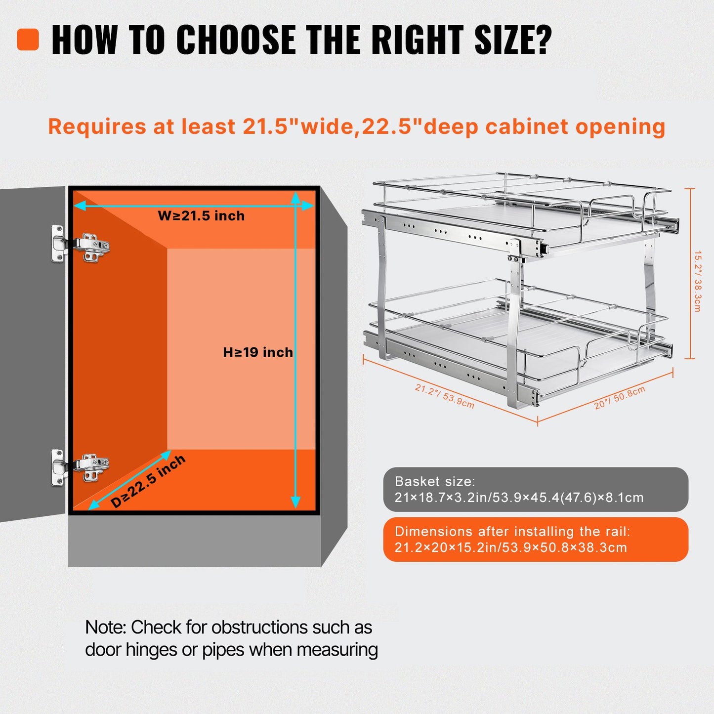 2 Tier 20"Wx21"Dx15"H Pull Out Cabinet Organizer, Heavy Duty Slide Out Pantry Shelves, Steel Roll Out Drawers, Sliding Drawer Storage for Home, 21.5"Wx22"Dx18"H Install Size for Cabinet