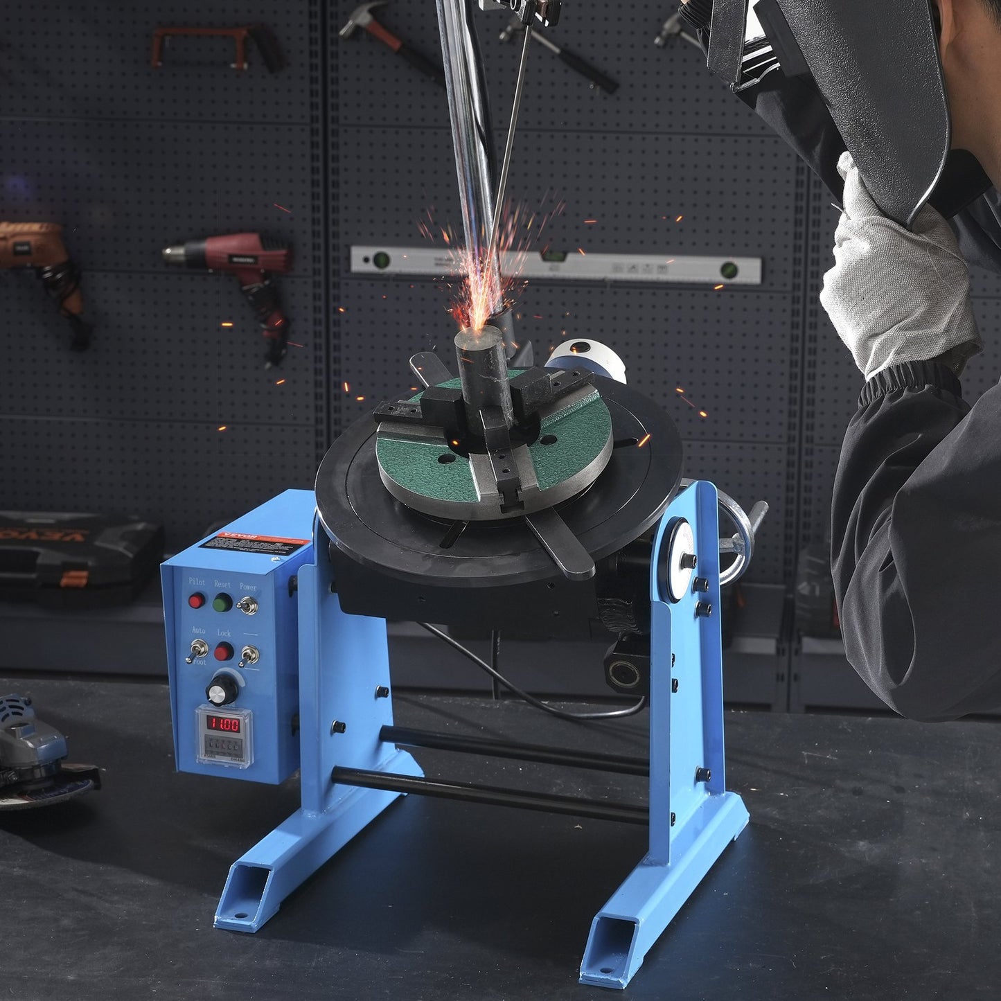 Rotary Welding Positioner 50KG, 0-90° Welding Positioning Turntable Table 0.5-6RPM 120W, with 12.4 Inch 3-Jaw Lathe Chuck & Welding Torch Stand Holder for Cutting, Grinding, Assembly, Testing
