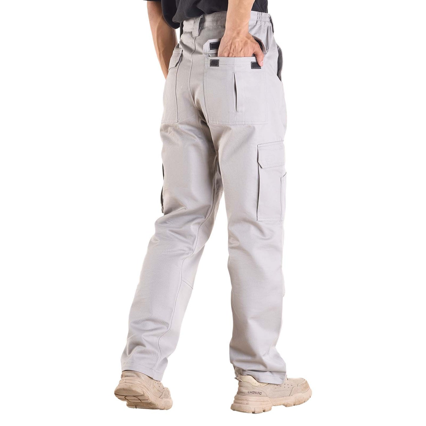 FR Pants for Men, 100% Cotton, Flame-Resistant Cargo Pants with Multi-Pockets and Elastic Waist, Reinforced Tear-proof Stitching, Ideal for Welding Work and Casual Wear, XL Size, Gray