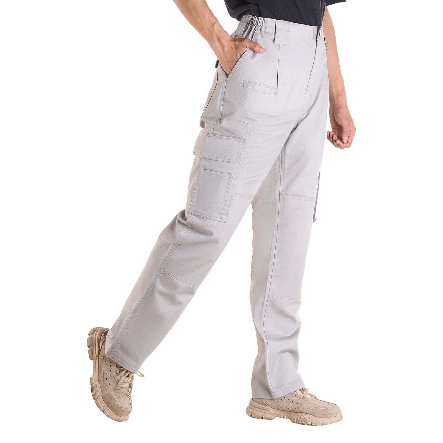 FR-Hose für Herren, 100 % Baumwolle, flammhemmende Cargohose mit mehreren Taschen und elastischem Bund, verstärkte, reißfeste Nähte, ideal für Schweißarbeiten und Freizeit, Größe XXL, Grau