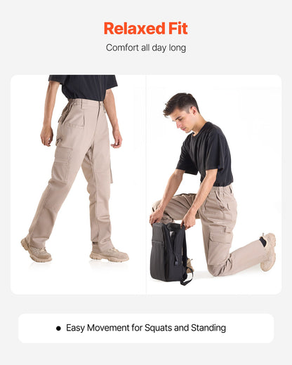 FR Pants for Men, 100% Cotton, Flame-Resistant Cargo Pants with Multi-Pockets and Elastic Waist, Reinforced Tear-proof Stitching, Ideal for Welding Work and Casual Wear, L Size, Khaki