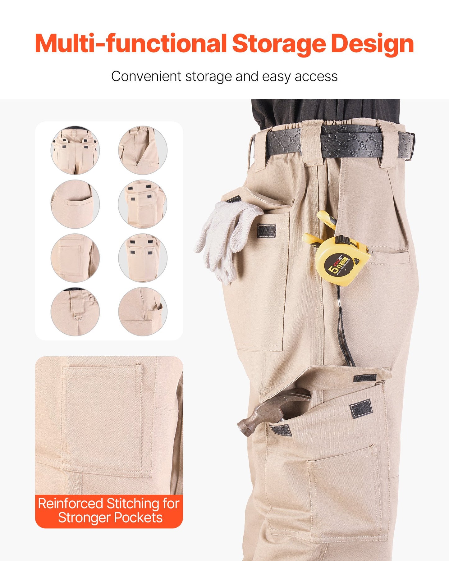 FR Pants for Men, 100% Cotton, Flame-Resistant Cargo Pants with Multi-Pockets and Elastic Waist, Reinforced Tear-proof Stitching, Ideal for Welding Work and Casual Wear, L Size, Khaki