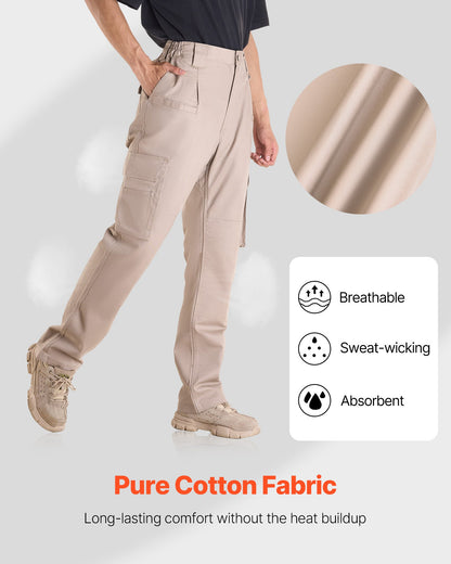 FR Pants for Men, 100% Cotton, Flame-Resistant Cargo Pants with Multi-Pockets and Elastic Waist, Reinforced Tear-proof Stitching, Ideal for Welding Work and Casual Wear, XXL Size, Khaki