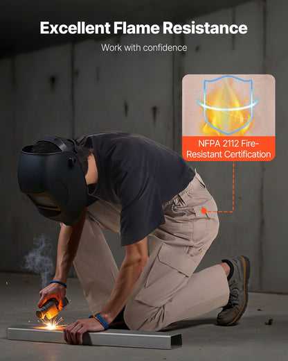 FR Pants for Men, 100% Cotton, Flame-Resistant Cargo Pants with Multi-Pockets and Elastic Waist, Reinforced Tear-proof Stitching, Ideal for Welding Work and Casual Wear, XXL Size, Khaki