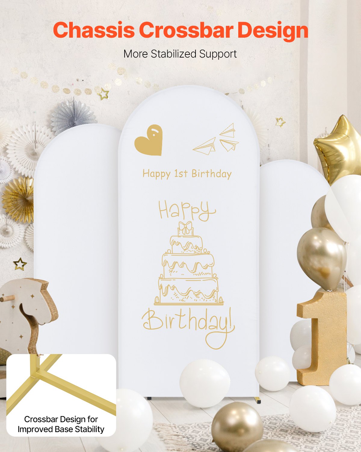 Hochzeitsbogen-Hintergrundständer, 3er-Set, stabiler Metallständer mit Kofferverbindung und Querverstrebung, einfach aufzubauender goldener Ständer mit hochwertigem Gaze-Gewebe, ideal für Geburtstage, Feiern und Feiertage