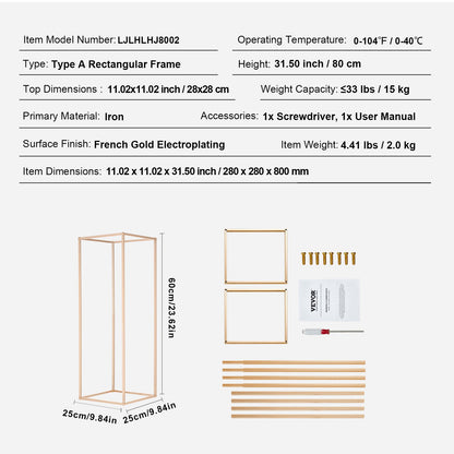 2 Stück 80 cm hohe Blumenständer für Hochzeiten, geometrische Tischdekorationen aus Metall in Vasenform, rechteckige Blumenständer in Gold für Bühnen, Empfänge, Partydekorationen und Zuhause