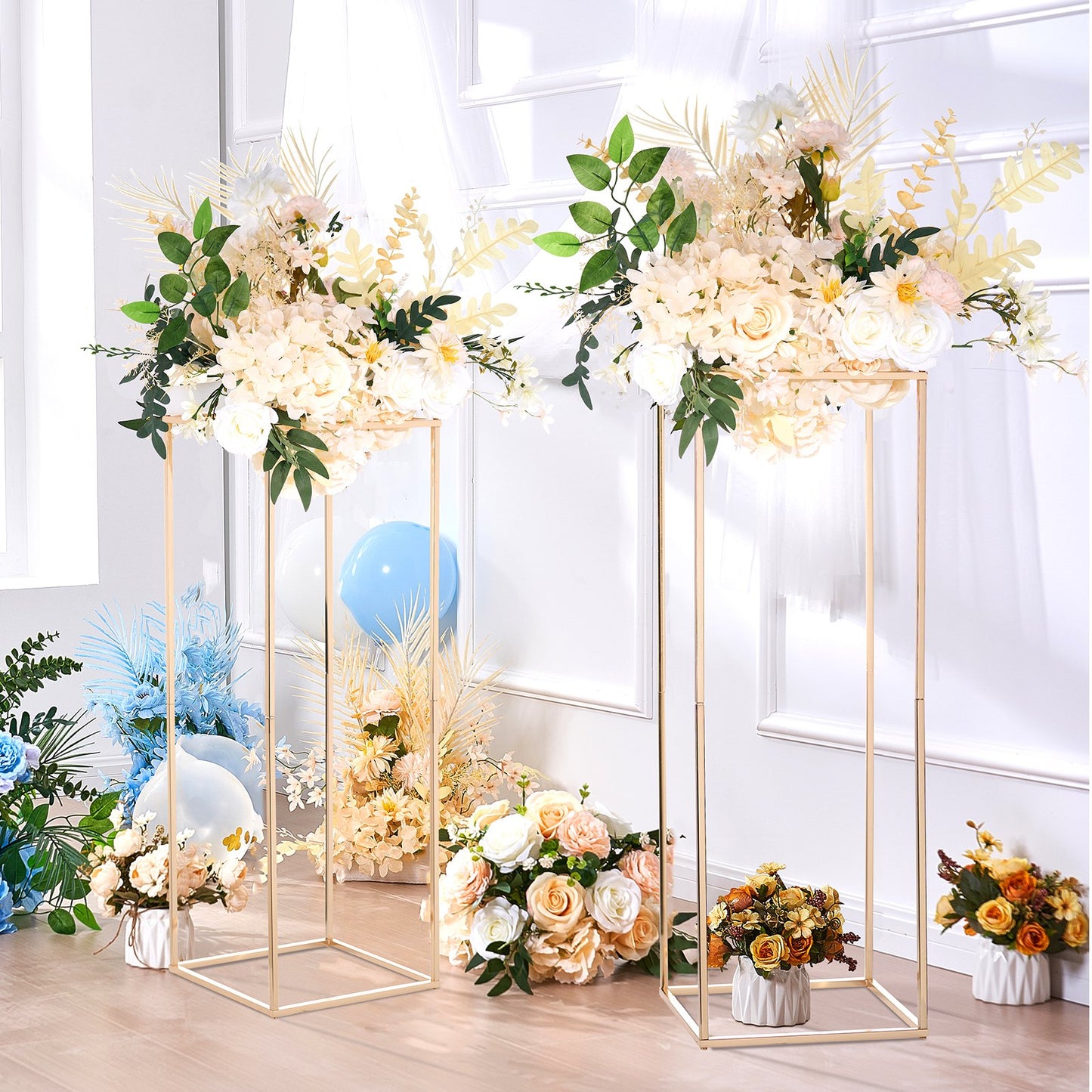 2 Stück 80 cm hohe Blumenständer für Hochzeiten, geometrische Tischdekorationen aus Metall in Vasenform, rechteckige Blumenständer in Gold für Bühnen, Empfänge, Partydekorationen und Zuhause