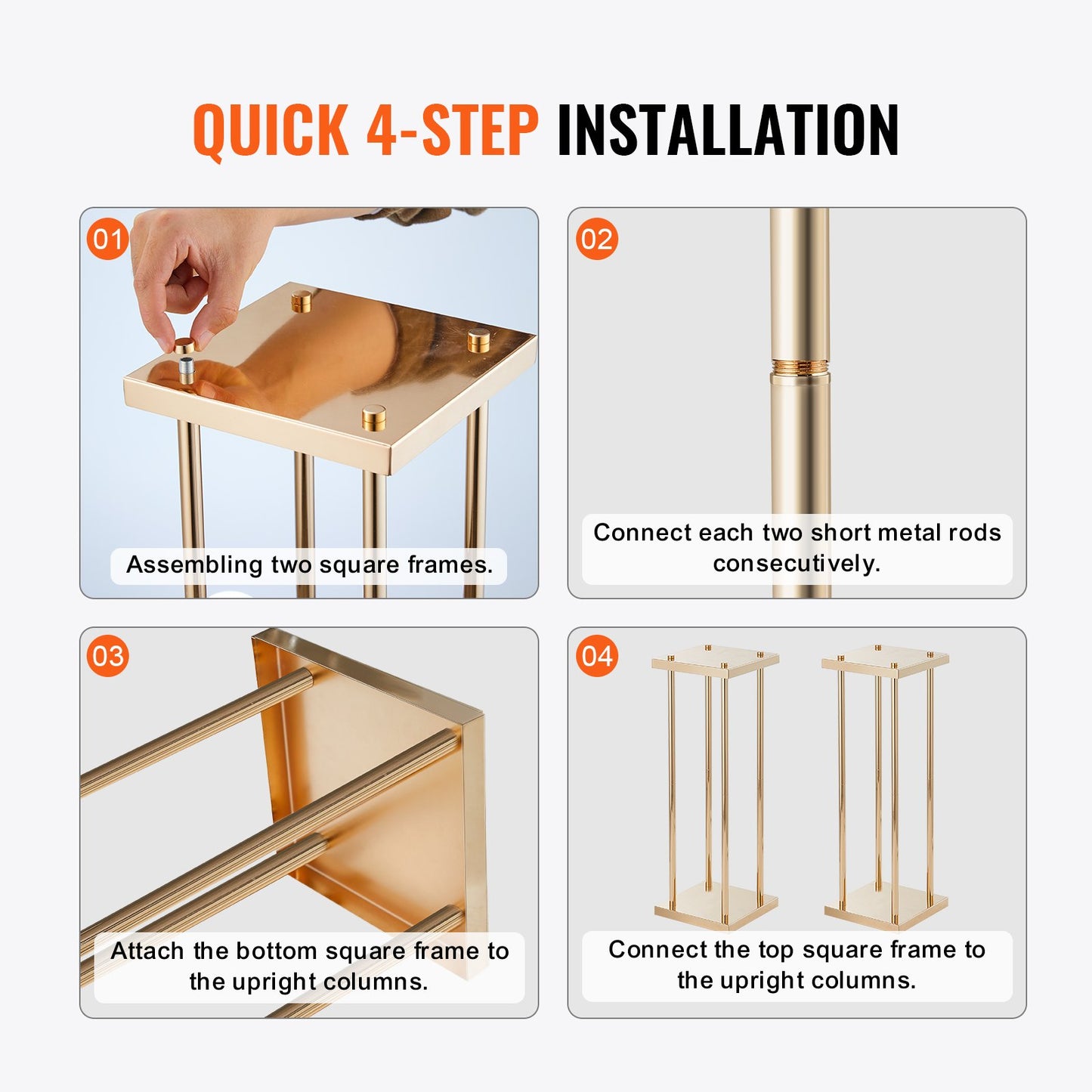 4-teiliges Set goldener Metallsäulen-Blumenständer für Hochzeiten, 60 cm hoch, mit Metalllaminat, geometrische Vasenständer für Tischdekorationen, zylindrische Blumenständer für Veranstaltungen, Empfänge und Partys