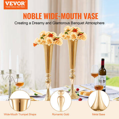 2 Stück 56 cm hohe Hochzeitsblumenvase, metallene Trompeten-Tischdekoration, goldener Blumenständer für Tische bei Hochzeitsfeiern, Jubiläumsfeiern und Geburtstagsveranstaltungen