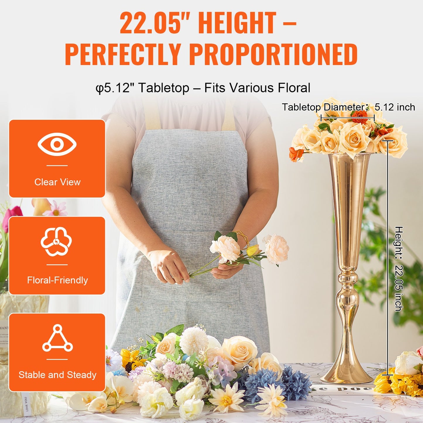 2 Stück 56 cm hohe Hochzeitsblumenvase, metallene Trompeten-Tischdekoration, goldener Blumenständer für Tische bei Hochzeitsfeiern, Jubiläumsfeiern und Geburtstagsveranstaltungen