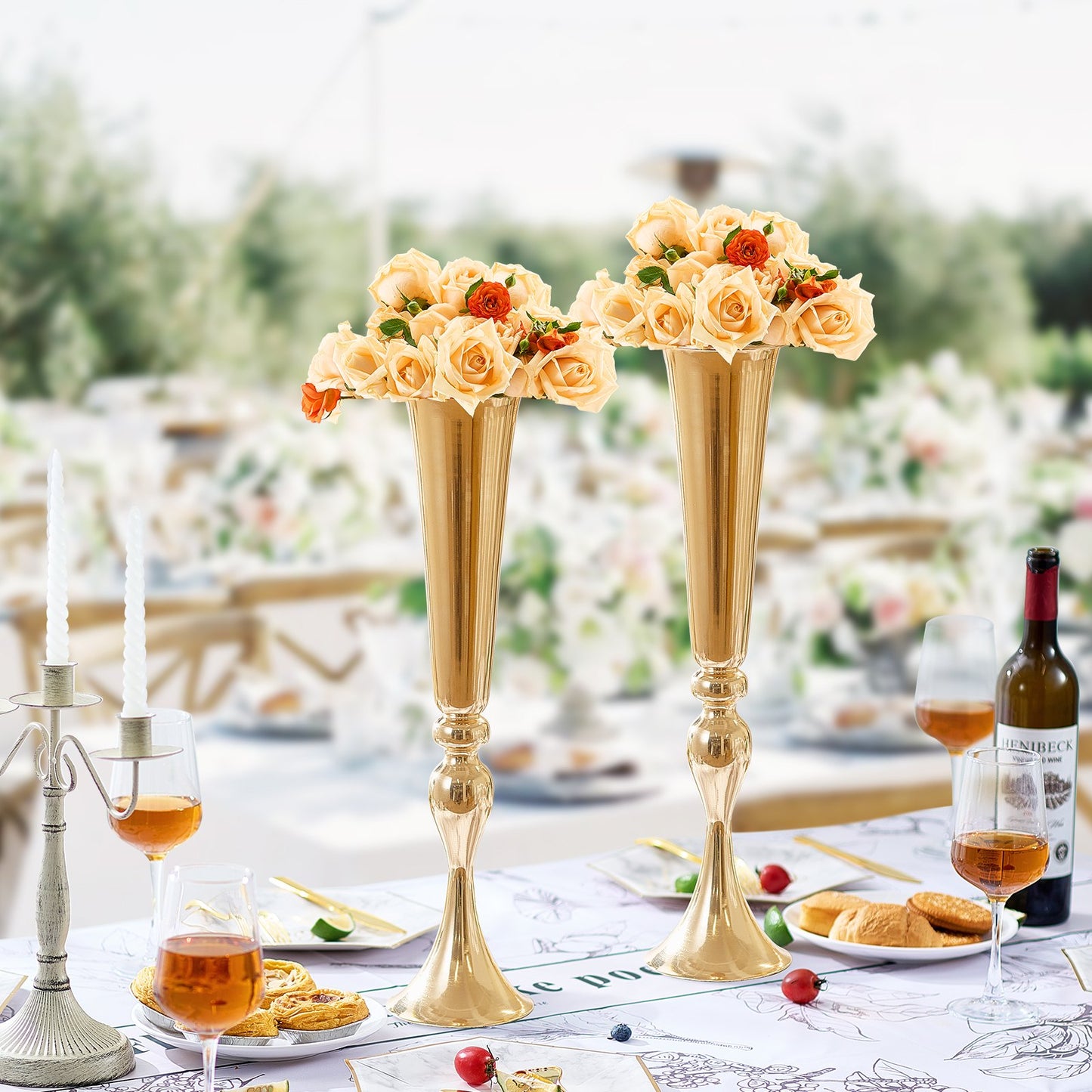 2 Stück 56 cm hohe Hochzeitsblumenvase, metallene Trompeten-Tischdekoration, goldener Blumenständer für Tische bei Hochzeitsfeiern, Jubiläumsfeiern und Geburtstagsveranstaltungen