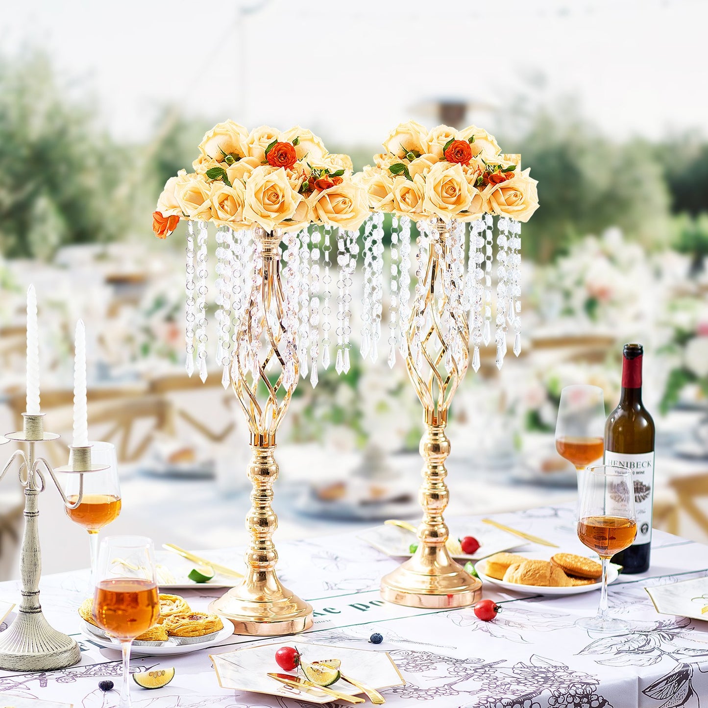 2PCS 55cm/21.65” Tall Crystal Wedding Flower Stand, Metal Wedding Centerpiece Vase, Gold Flower Holders Floral Display Rack for Tables Wedding Dinner Party, Ceremony Birthday Event Decor