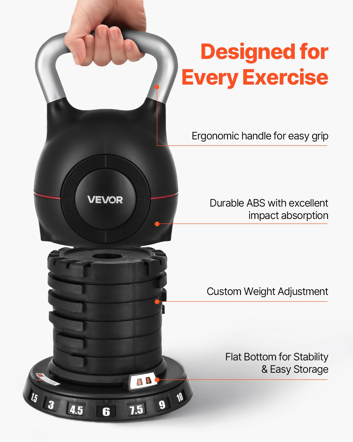 Kettlebell, Adjustable Kettlebell with 7 Weight Levels (1.5, 3, 4.5, 6, 7.5, 9, 10 kg), Die-Cast Aluminum and ABS Material, for Grip Strength Training, Full-body Workout and Cross-Training