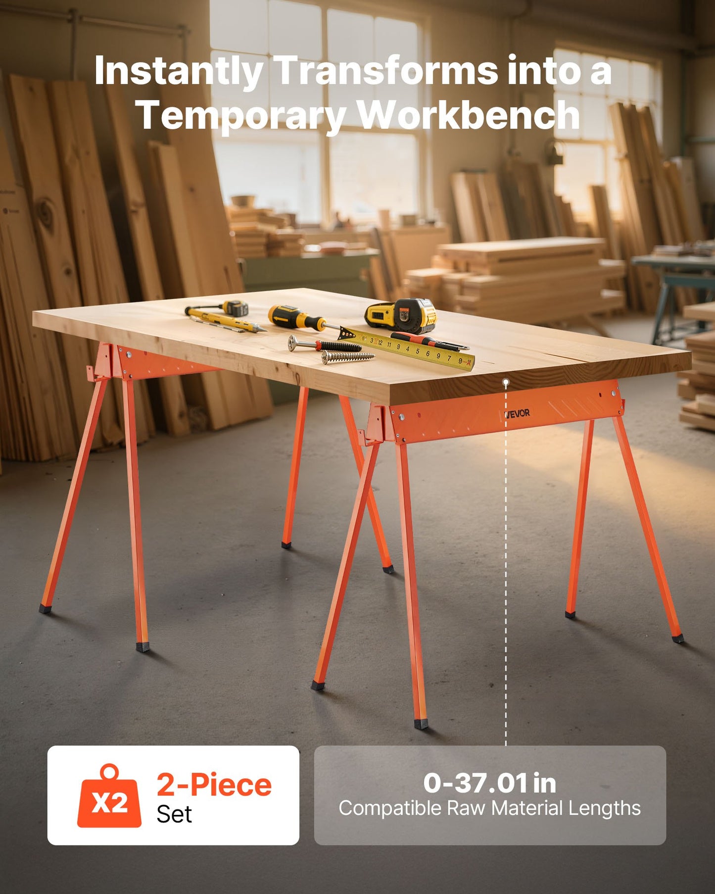 Sägeböcke, 2er-Pack klappbare Arbeitsböcke, Tragfähigkeit 299,4 kg, robuste Beine, tragbarer Ganzmetall-Sägebock mit rutschfesten Fußpolstern, für Holzbearbeitung, Zimmerleute und Bauunternehmer