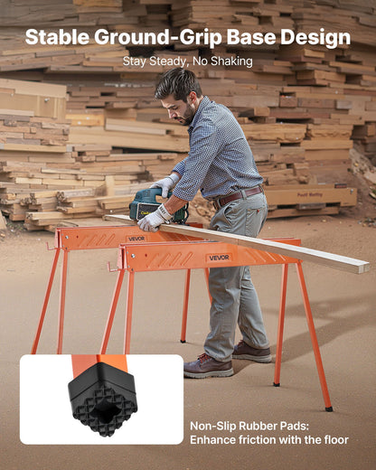 Sägeböcke, 2er-Pack klappbare Arbeitsböcke, Tragfähigkeit 299,4 kg, robuste Beine, tragbarer Ganzmetall-Sägebock mit rutschfesten Fußpolstern, für Holzbearbeitung, Zimmerleute und Bauunternehmer