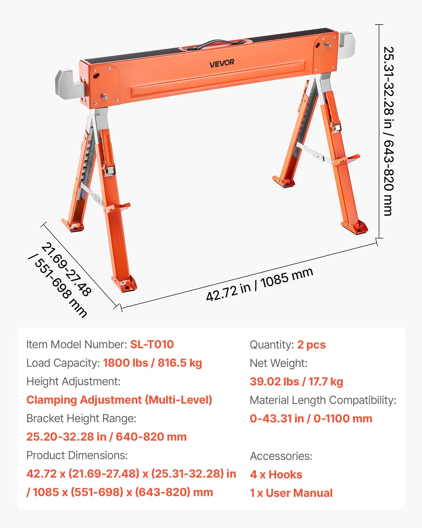 Saw Horses, 2 Pack Folding Work Horses, 816.5 kg Load Capacity Sawhorse with Heavy Duty Legs, Adjustable Height Saw Horse with Non-Slip Foot Pads, for Woodworking, Carpenters and Contractors