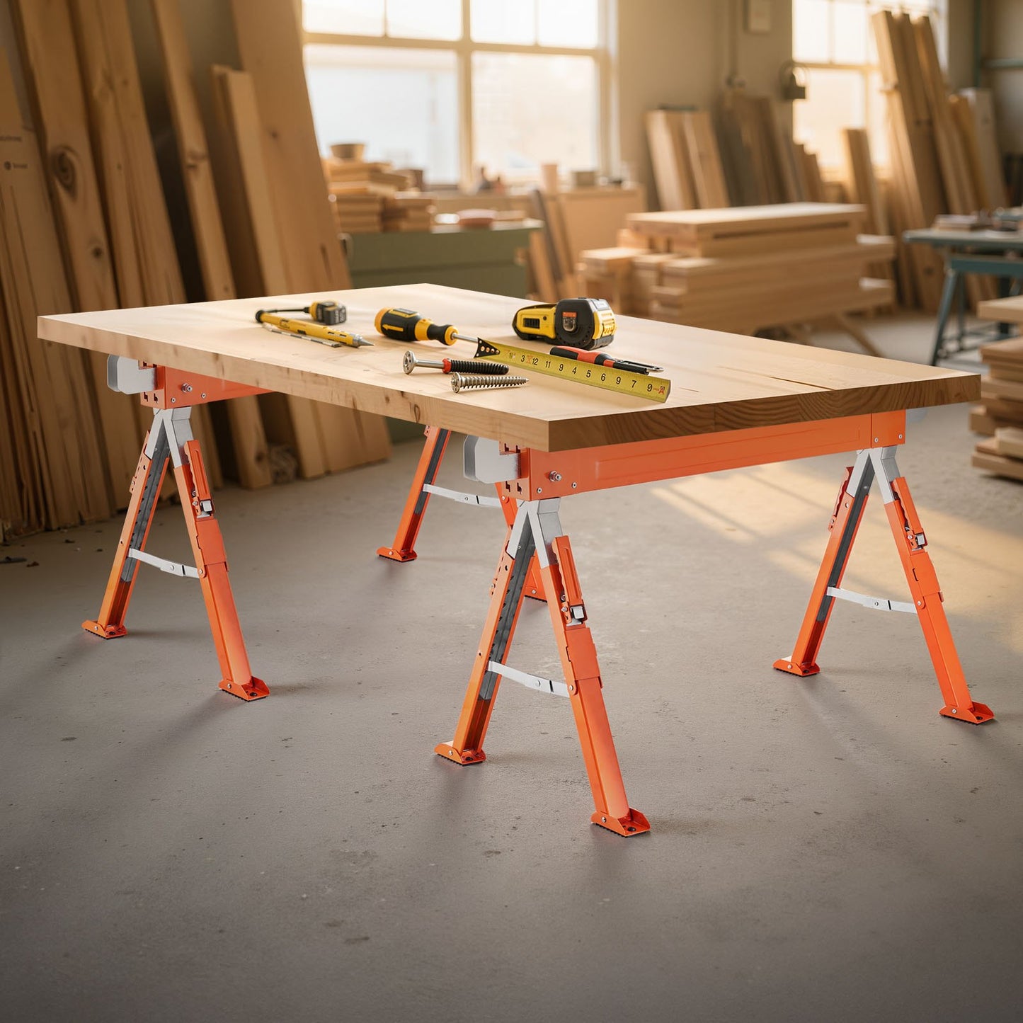 Saw Horses, 2 Pack Folding Work Horses, 816.5 kg Load Capacity Sawhorse with Heavy Duty Legs, Adjustable Height Saw Horse with Non-Slip Foot Pads, for Woodworking, Carpenters and Contractors