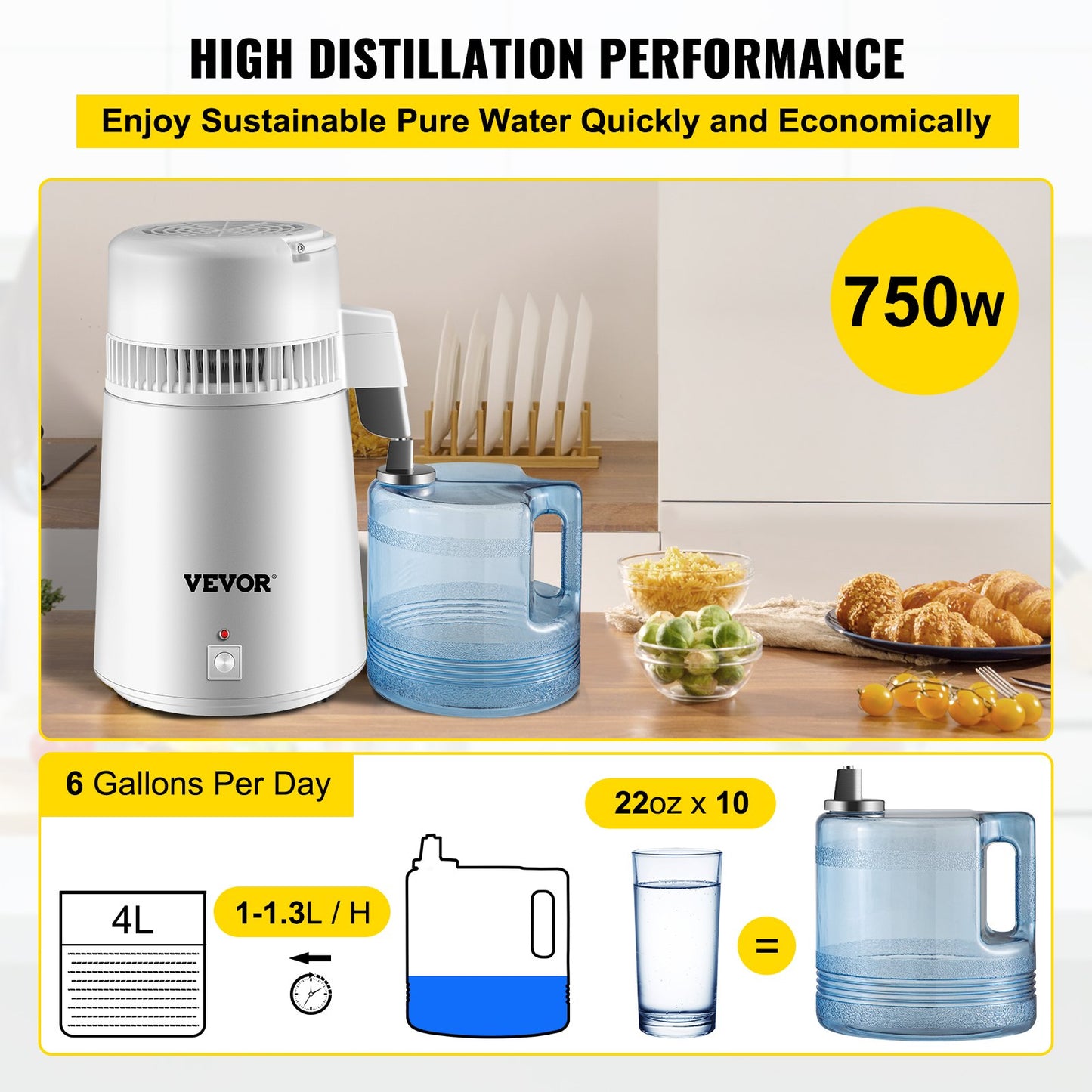BuoQua Pure Water Distiller 4L Stainless Steel Inner Water Distillation 750W Water Purifier Filter Water Distillers Machine with Collection Bottle for Offices Homes
