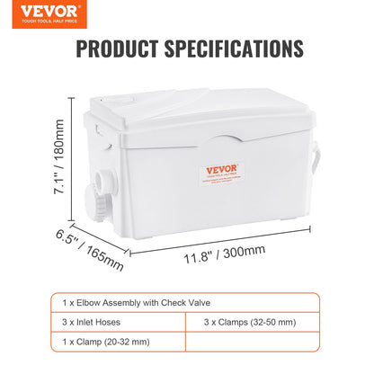 Fäkalienhebeanlage, 350 W, 6000 l/h Fördermenge, 7 m Förderhöhe, Fäkalienhebeanlage mit 3 Wasserzuläufen für Keller, Küche, Spüle, Dusche, Badewanne, Waschmaschine/Trockner