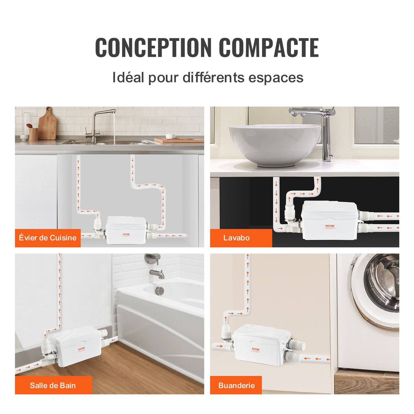 Fäkalienhebeanlage, 350 W, 6000 l/h Fördermenge, 7 m Förderhöhe, Fäkalienhebeanlage mit 3 Wasserzuläufen für Keller, Küche, Spüle, Dusche, Badewanne, Waschmaschine/Trockner