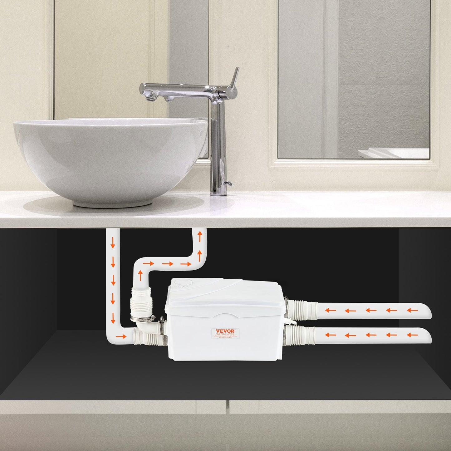 Fäkalienhebeanlage, 350 W, 6000 l/h Fördermenge, 7 m Förderhöhe, Fäkalienhebeanlage mit 3 Wasserzuläufen für Keller, Küche, Spüle, Dusche, Badewanne, Waschmaschine/Trockner