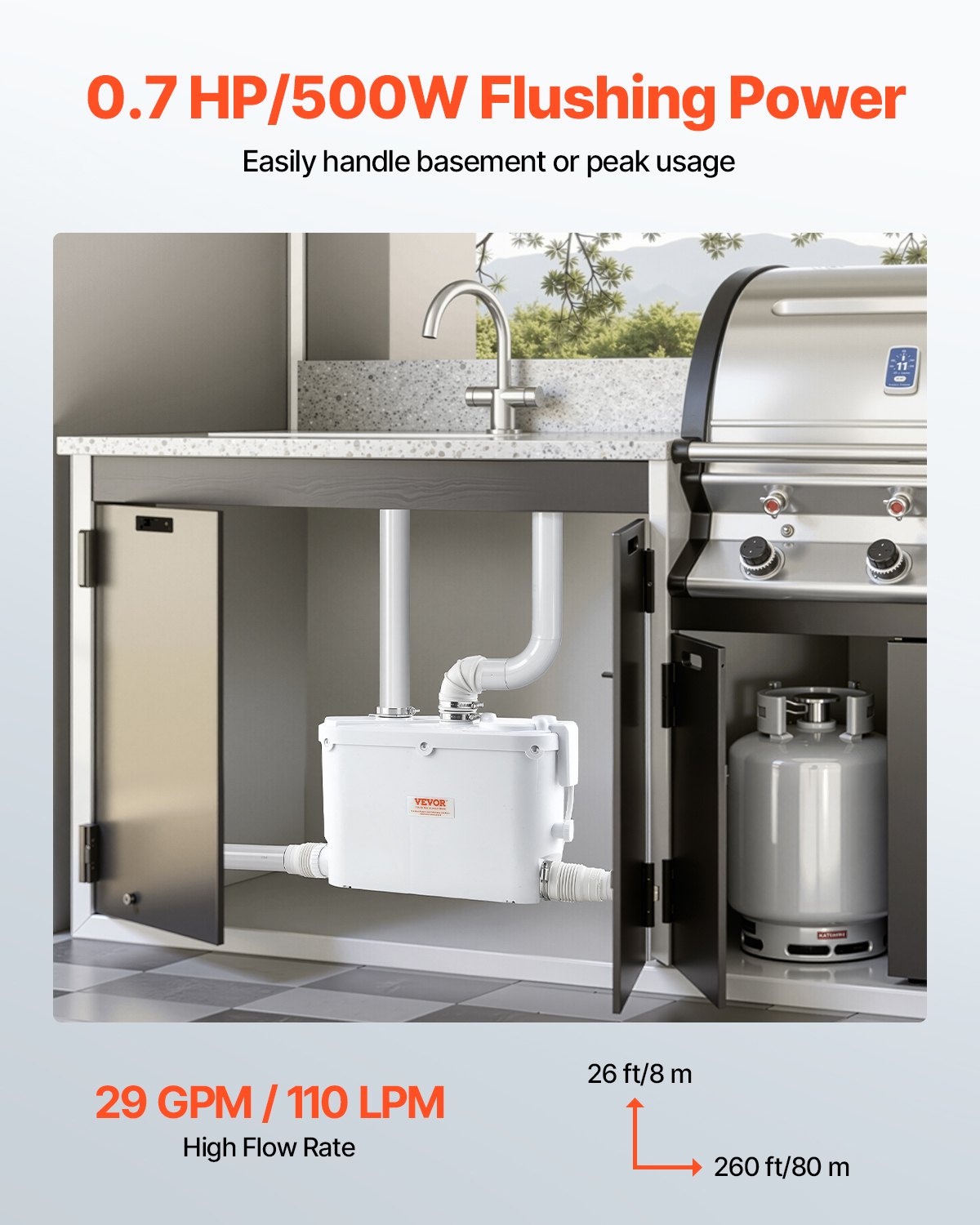 Fäkalienhebeanlage, 500 W, 110 l/min (29 GPM) Fördermenge, 8 m Förderhöhe, Fäkalienhebeanlage mit 4 Wasserzuläufen, Abwasserentsorgungs-Spülmaschine für Küche, Keller, Dusche, Waschbecken, Waschküche und Badewanne