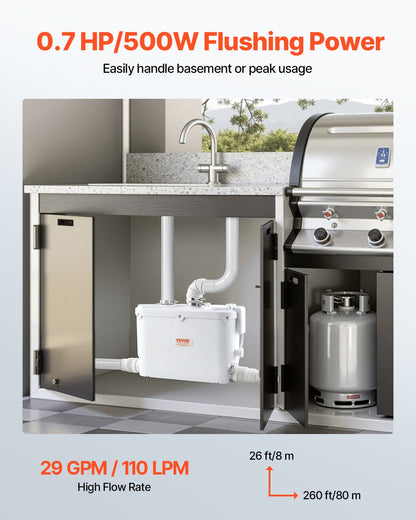 Fäkalienhebeanlage, 500 W, 110 l/min (29 GPM) Fördermenge, 8 m Förderhöhe, Fäkalienhebeanlage mit 4 Wasserzuläufen, Abwasserentsorgungs-Spülmaschine für Küche, Keller, Dusche, Waschbecken, Waschküche und Badewanne