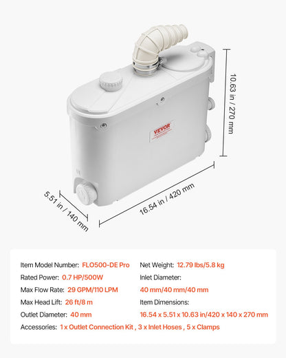 Fäkalienhebeanlage, 500 W, 110 l/min (29 GPM) Fördermenge, 8 m Förderhöhe, Fäkalienhebeanlage mit 4 Wasserzuläufen, Abwasserentsorgungs-Spülmaschine für Küche, Keller, Dusche, Waschbecken, Waschküche und Badewanne