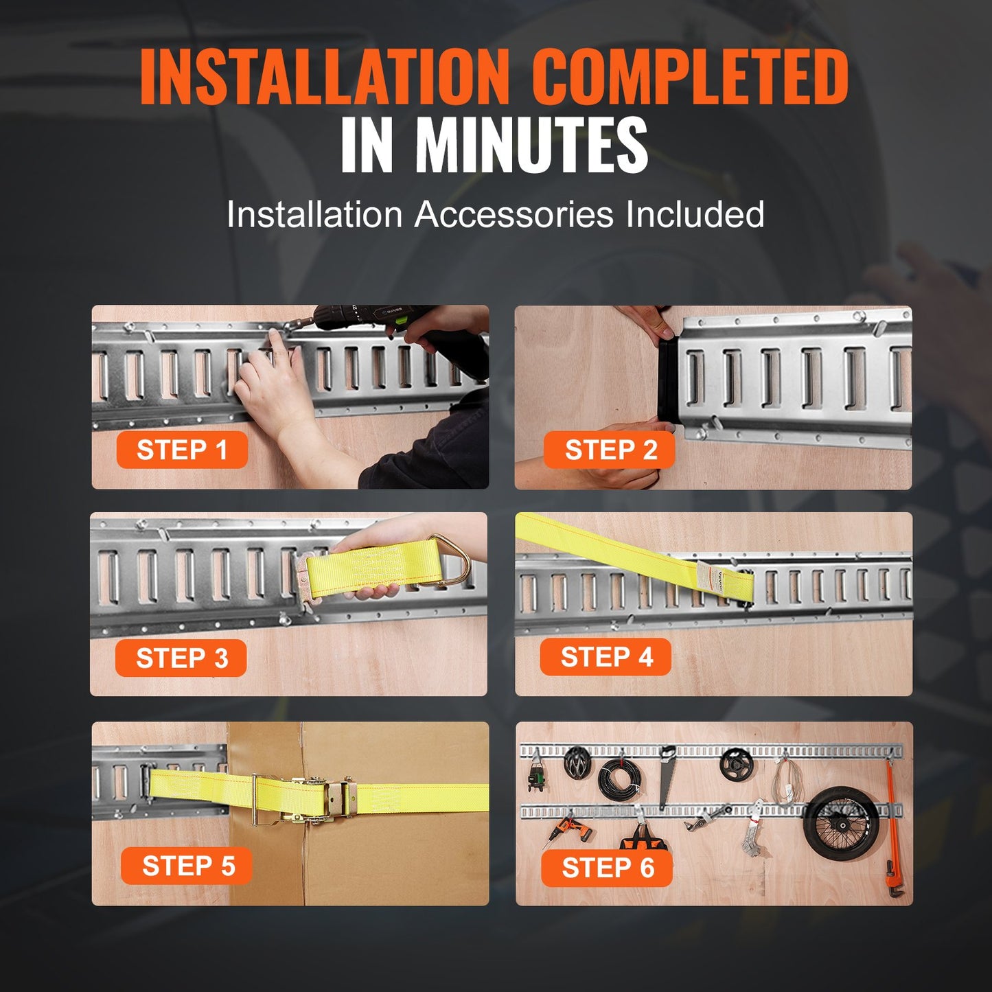 E-Schienen-Zurrschienen-Set, 24-teilig (1,5 m) bestehend aus 8 Stahlschienen, 8 O-Ring-Ankern und 8 Zurrösen mit D-Ring. Vielseitiges Befestigungsmaterial für Lasten, Motorräder und Fahrräder. Tragkraft: 907 kg.