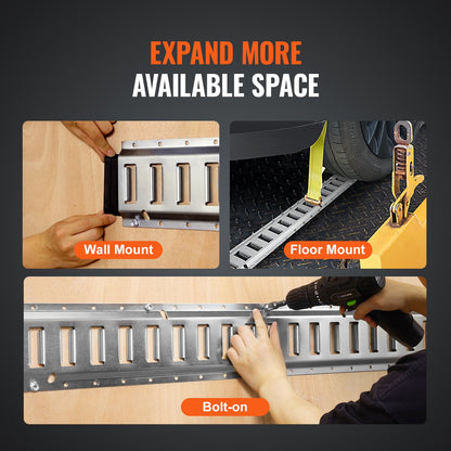E-Schienen-Zurrschienen-Set, 24-teilig (1,5 m) bestehend aus 8 Stahlschienen, 8 O-Ring-Ankern und 8 Zurrösen mit D-Ring. Vielseitiges Befestigungsmaterial für Lasten, Motorräder und Fahrräder. Tragkraft: 907 kg.