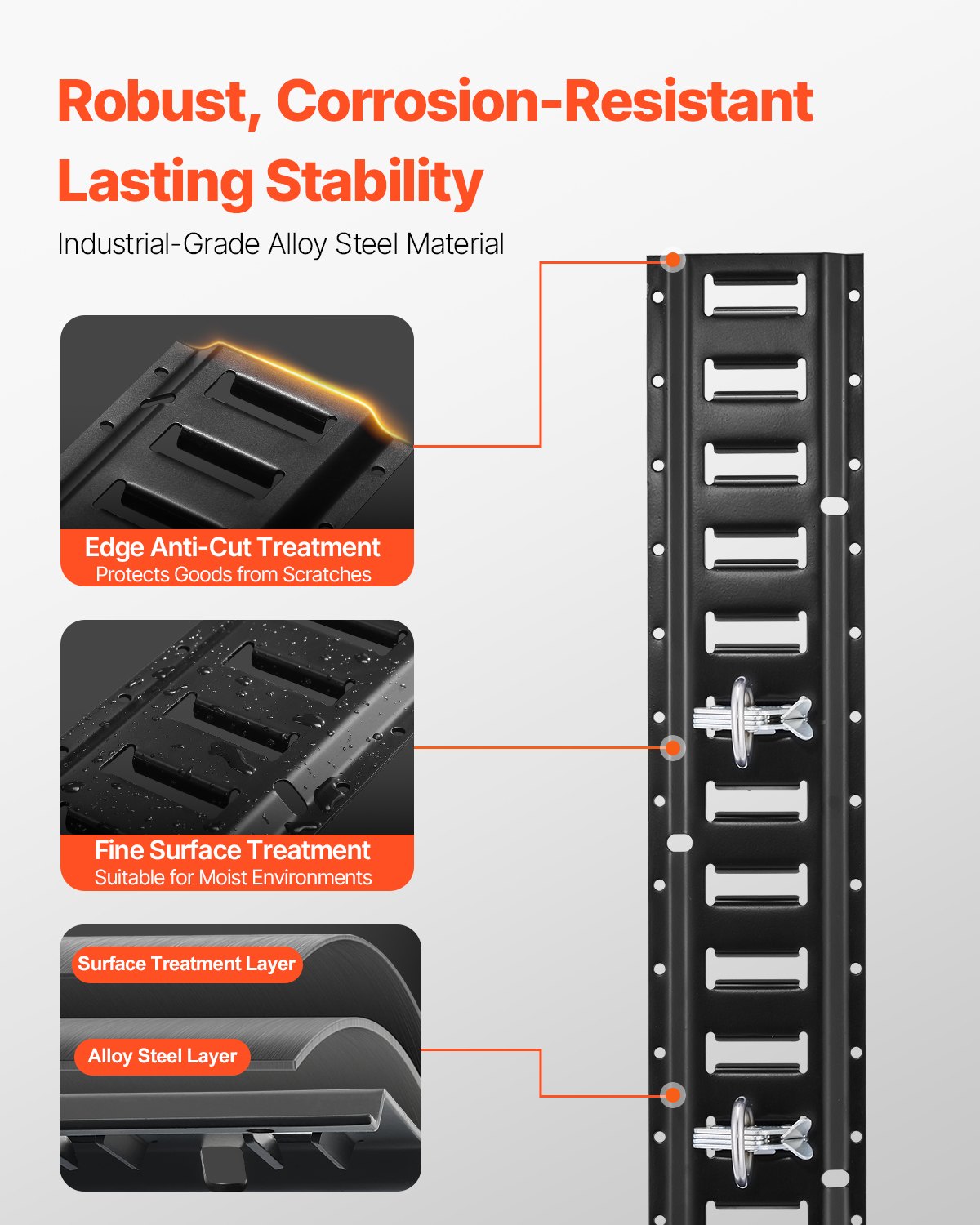 E-Schienen-Zurrschienen-Set, 18-teilig (1,5 m E-Schienen), bestehend aus 4 Stahlschienen, 8 O-Ring-Ankern, 4 Zurrösen mit D-Ring und 2 Ratschengurten. Zur Sicherung von Lasten, Motorrädern und Fahrrädern. Tragkraft: 907 kg.
