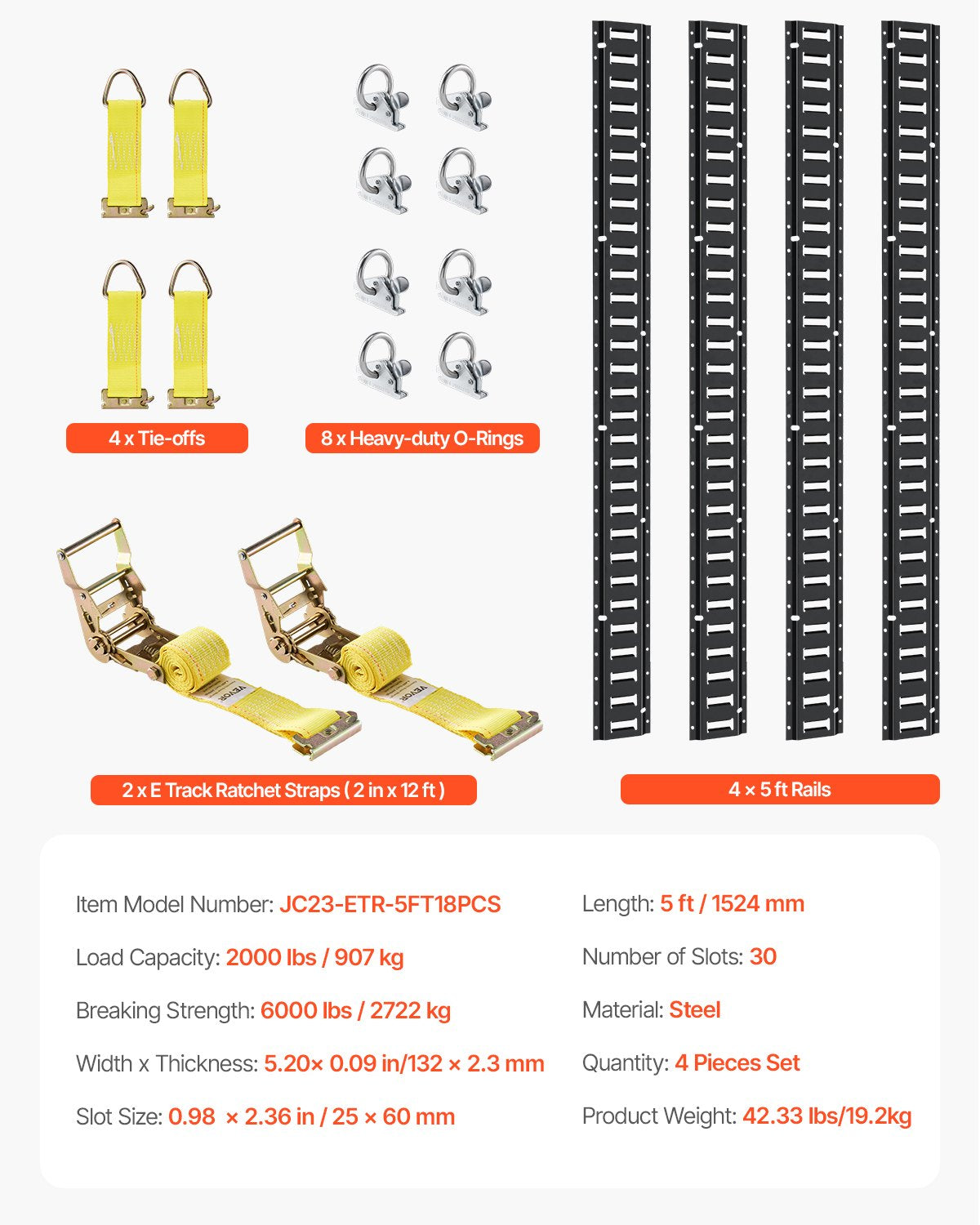 E-Schienen-Zurrschienen-Set, 18-teilig (1,5 m E-Schienen), bestehend aus 4 Stahlschienen, 8 O-Ring-Ankern, 4 Zurrösen mit D-Ring und 2 Ratschengurten. Zur Sicherung von Lasten, Motorrädern und Fahrrädern. Tragkraft: 907 kg.