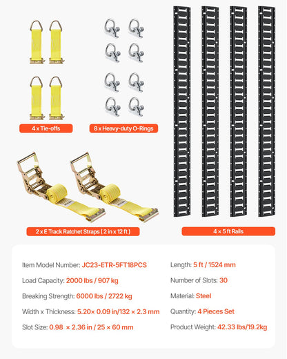 E-Schienen-Zurrschienen-Set, 18-teilig (1,5 m E-Schienen), bestehend aus 4 Stahlschienen, 8 O-Ring-Ankern, 4 Zurrösen mit D-Ring und 2 Ratschengurten. Zur Sicherung von Lasten, Motorrädern und Fahrrädern. Tragkraft: 907 kg.