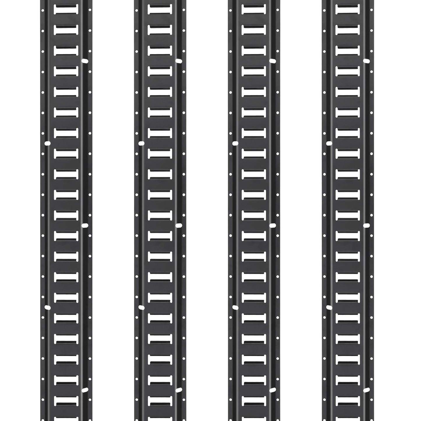 E-Schienen-Zurrschienen-Set, 18-teilig (1,5 m E-Schienen), bestehend aus 4 Stahlschienen, 8 O-Ring-Ankern, 4 Zurrösen mit D-Ring und 2 Ratschengurten. Zur Sicherung von Lasten, Motorrädern und Fahrrädern. Tragkraft: 907 kg.