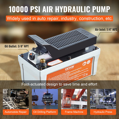 Air Hydraulic Pump, 6895 bar 1.9L Reservoir, NPT 10mm Oil Outlet, NPT 6.4 mm Inlet, 2m Pipe, Foot Actuated Hydraulic Pump Air Treadle for Auto Body Frame Machines and Pulling Post, Gray