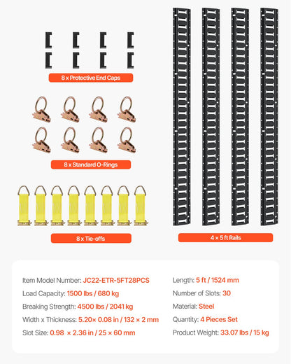 E-Track-Zurrschienen-Set, 30-teilig, 152,4 cm E-Tracks-Set, bestehend aus 4 Stahlschienen, 2 Einzelschlitzschienen, 8 O-Ringen, 8 Zurrösen mit D-Ring und 8 Endkappen, Sicherungszubehör für Ladung, Motorräder und Fahrräder