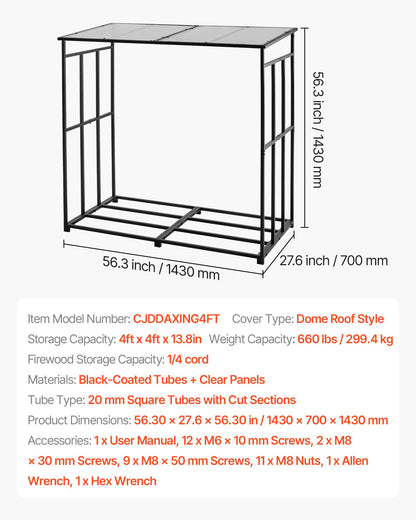 Brennholzregal mit schrägem Dach, 143 cm, geeignet für 1/4 Raummeter Brennholz, max. Tragkraft 299 kg, pulverbeschichtetes Metall-Brennholzregal für Kamin, Terrasse, Garten