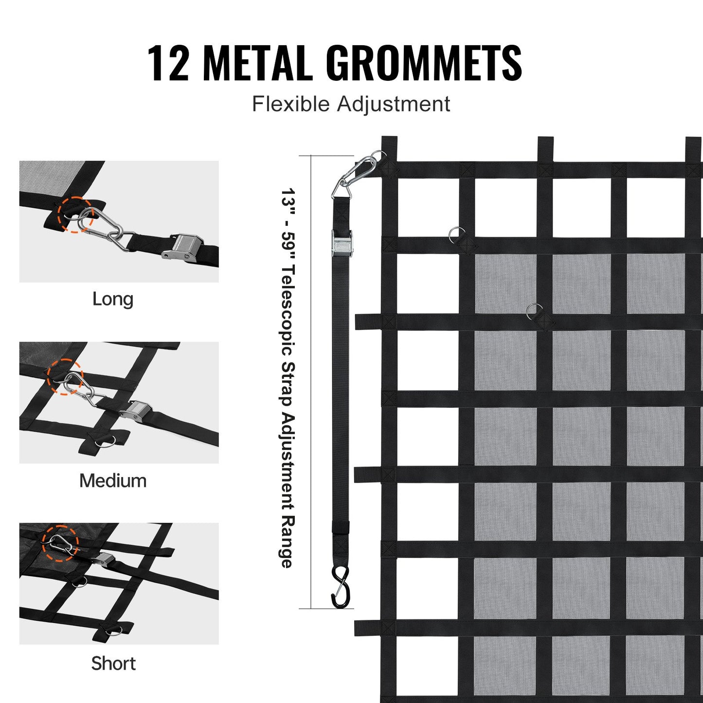 Ladungsnetz, 183 x 145 cm, robustes LKW-Ladungsnetz für Ladeflächen, 4 verstellbare Gurte mit Karabinern und S-Haken, verschleißfest und wetterfest, geeignet für Pickups, LKWs, Jeeps, SUVs und Boote