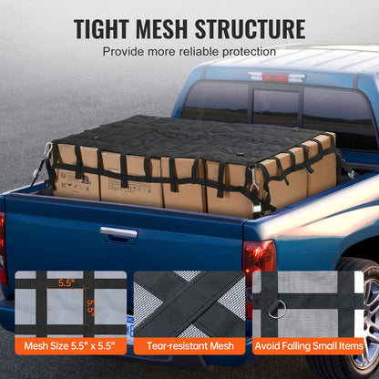Ladungsnetz, 183 x 145 cm, robustes LKW-Ladungsnetz für Ladeflächen, 4 verstellbare Gurte mit Karabinern und S-Haken, verschleißfest und wetterfest, geeignet für Pickups, LKWs, Jeeps, SUVs und Boote