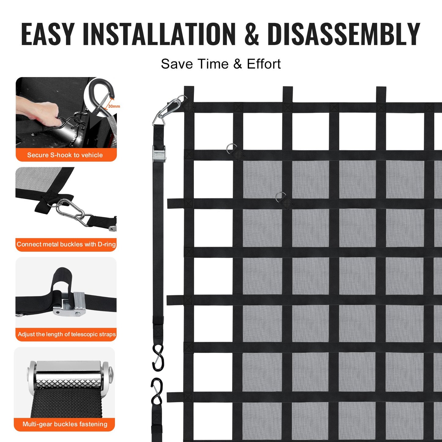 Ladungsnetz, 183 x 145 cm, robustes LKW-Ladungsnetz für Ladeflächen, 4 verstellbare Gurte mit Karabinern und S-Haken, verschleißfest und wetterfest, geeignet für Pickups, LKWs, Jeeps, SUVs und Boote