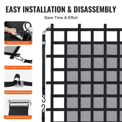 Ladungsnetz, 183 x 145 cm, robustes LKW-Ladungsnetz für Ladeflächen, 4 verstellbare Gurte mit Karabinern und S-Haken, verschleißfest und wetterfest, geeignet für Pickups, LKWs, Jeeps, SUVs und Boote
