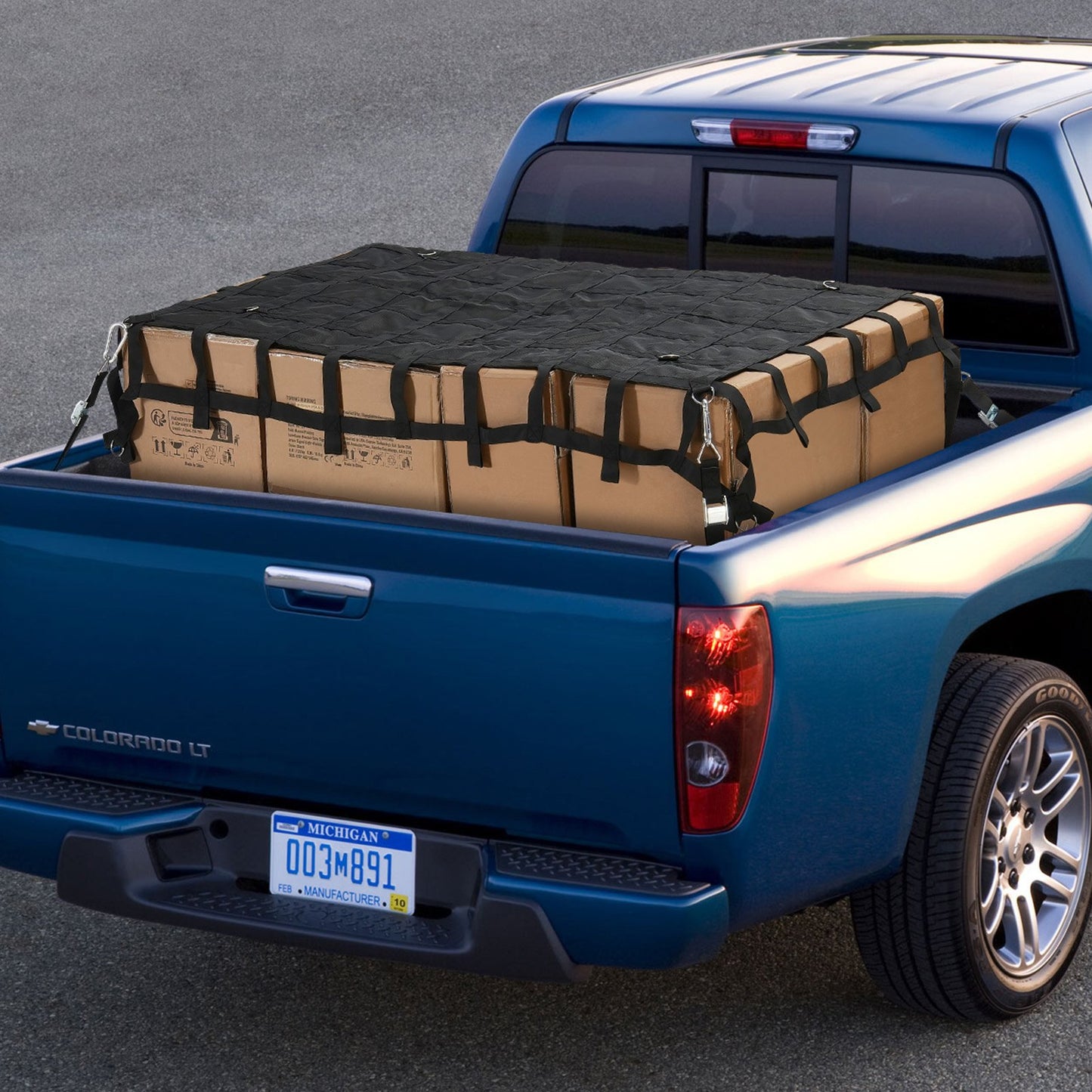 Ladungsnetz, 183 x 145 cm, robustes LKW-Ladungsnetz für Ladeflächen, 4 verstellbare Gurte mit Karabinern und S-Haken, verschleißfest und wetterfest, geeignet für Pickups, LKWs, Jeeps, SUVs und Boote