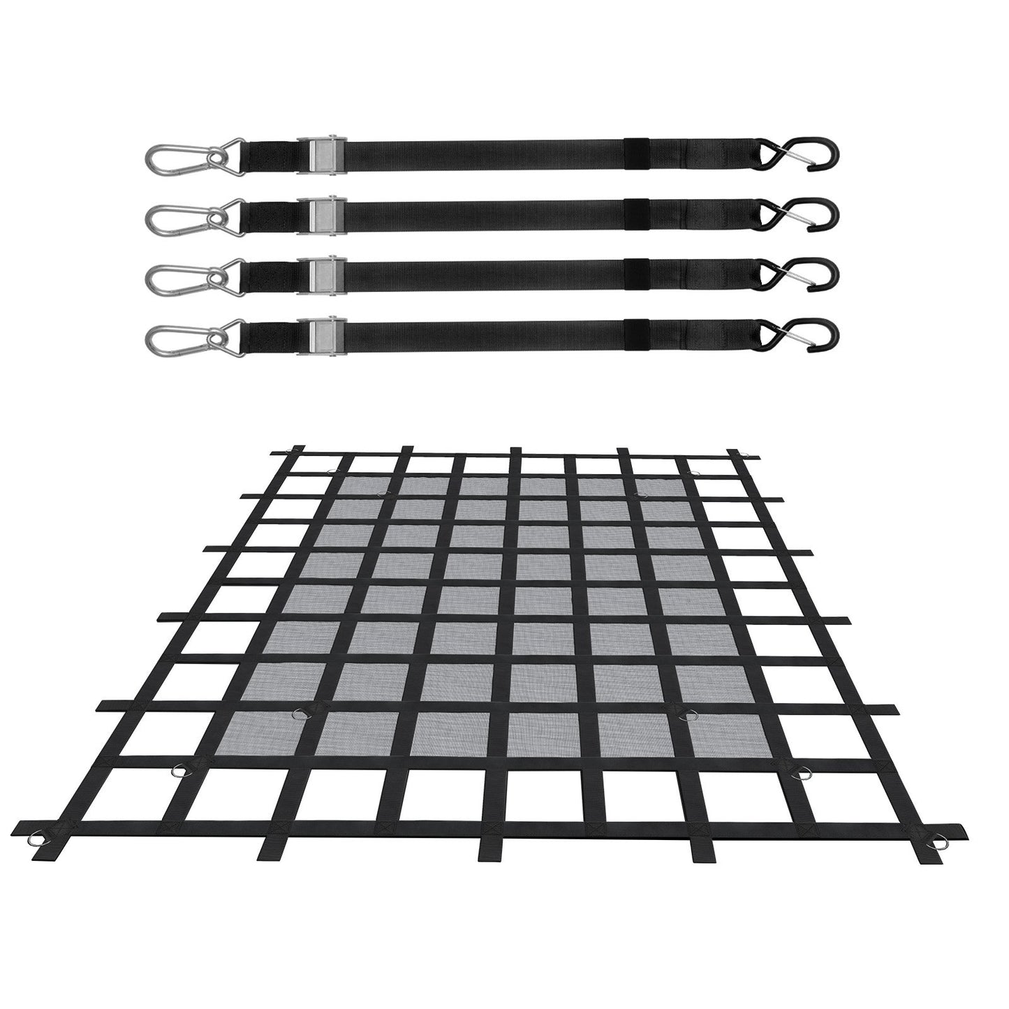 Ladungsnetz, 183 x 145 cm, robustes LKW-Ladungsnetz für Ladeflächen, 4 verstellbare Gurte mit Karabinern und S-Haken, verschleißfest und wetterfest, geeignet für Pickups, LKWs, Jeeps, SUVs und Boote
