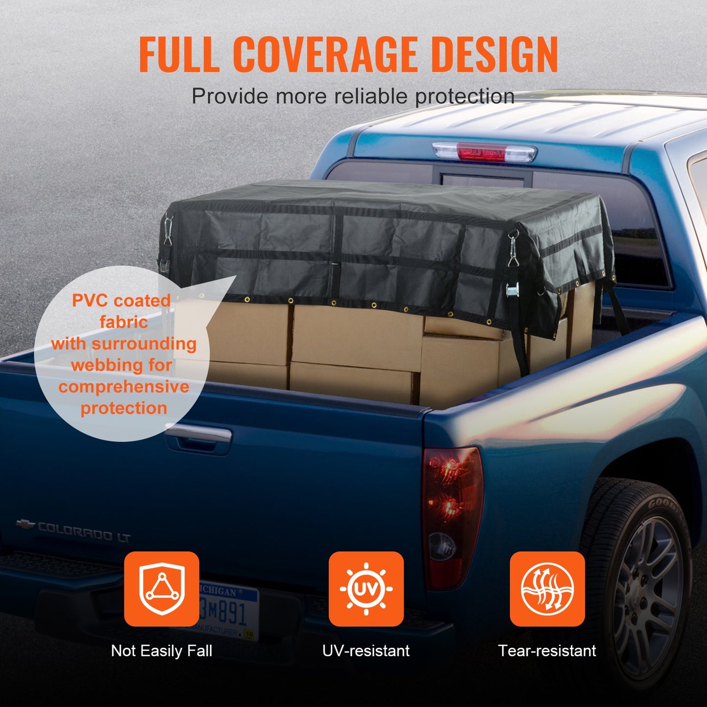 Ladungsnetz, 244 cm x 206 cm, robustes LKW-Ladungsnetz für Ladeflächen, 4 verstellbare Gurte mit Karabinern und gummierten Haken, langlebig, geeignet für Pickups, Jeeps, LKWs, SUVs, Boote (Schwarz)