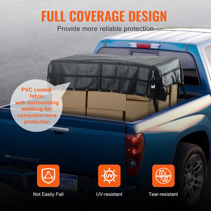 Ladungsnetz, 244 cm x 206 cm, robustes LKW-Ladungsnetz für Ladeflächen, 4 verstellbare Gurte mit Karabinern und gummierten Haken, langlebig, geeignet für Pickups, Jeeps, LKWs, SUVs, Boote (Schwarz)