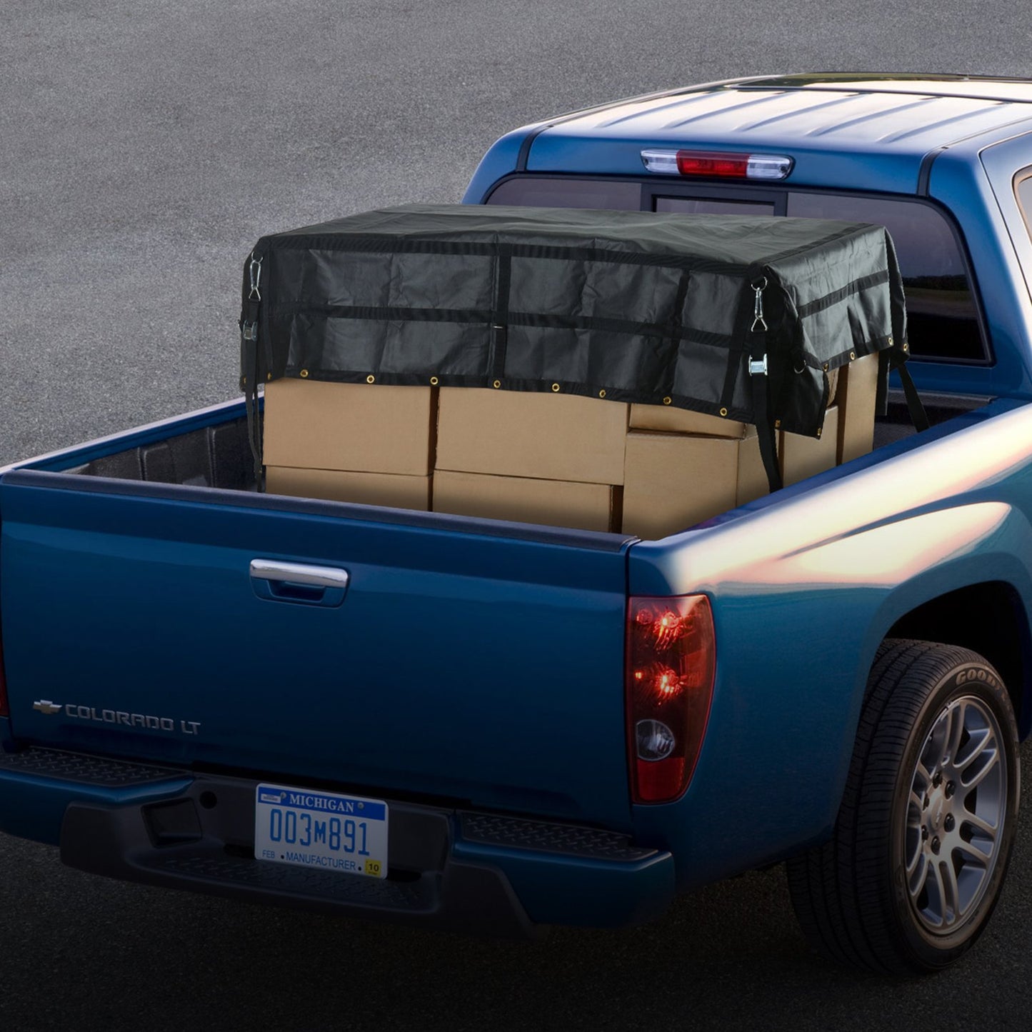 Ladungsnetz, 244 cm x 206 cm, robustes LKW-Ladungsnetz für Ladeflächen, 4 verstellbare Gurte mit Karabinern und gummierten Haken, langlebig, geeignet für Pickups, Jeeps, LKWs, SUVs, Boote (Schwarz)