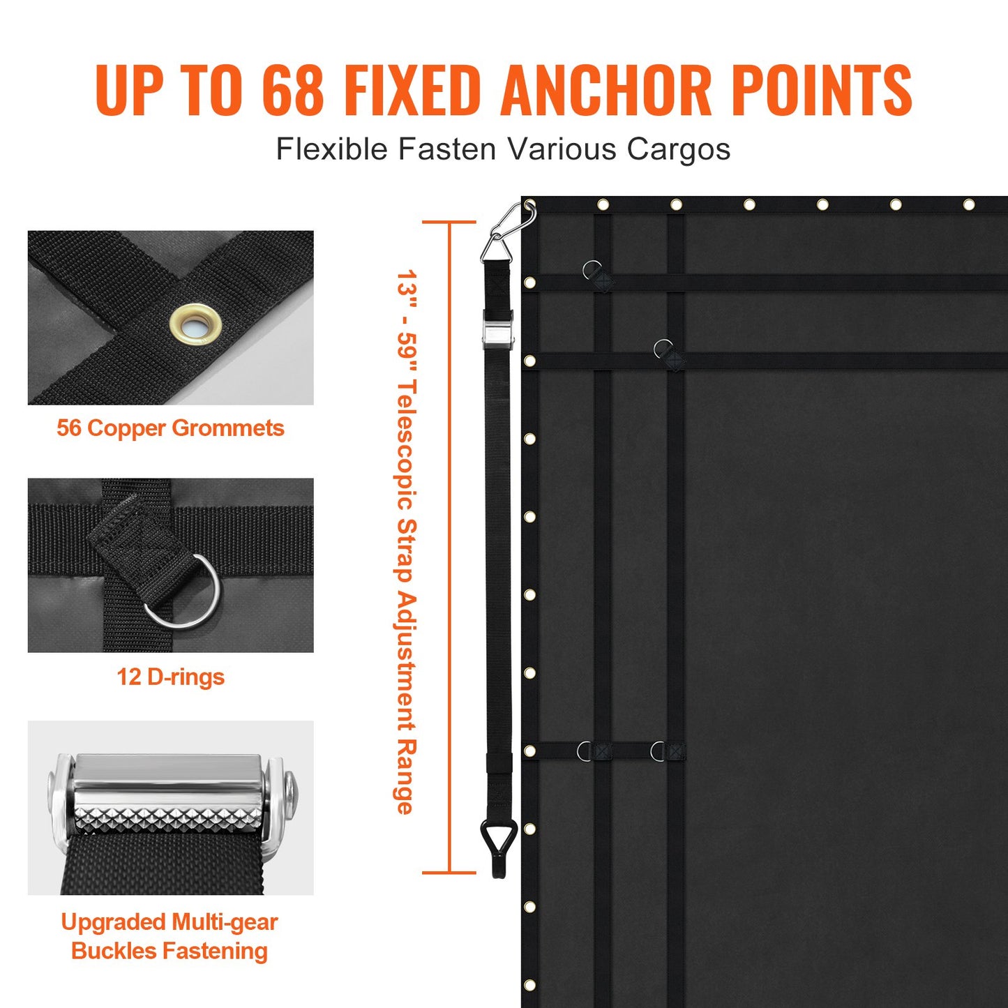 Ladungsnetz, 120 Zoll x 105 Zoll, robustes LKW-Ladungsnetz für Ladeflächen, 4 verstellbare Gurte mit Karabinern und gummierten Haken, langlebig, geeignet für Pickups, Jeeps, LKWs, SUVs, Boote (Schwarz)