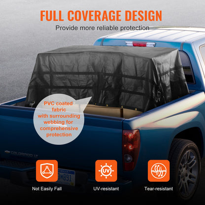 Ladungsnetz, 120 Zoll x 105 Zoll, robustes LKW-Ladungsnetz für Ladeflächen, 4 verstellbare Gurte mit Karabinern und gummierten Haken, langlebig, geeignet für Pickups, Jeeps, LKWs, SUVs, Boote (Schwarz)