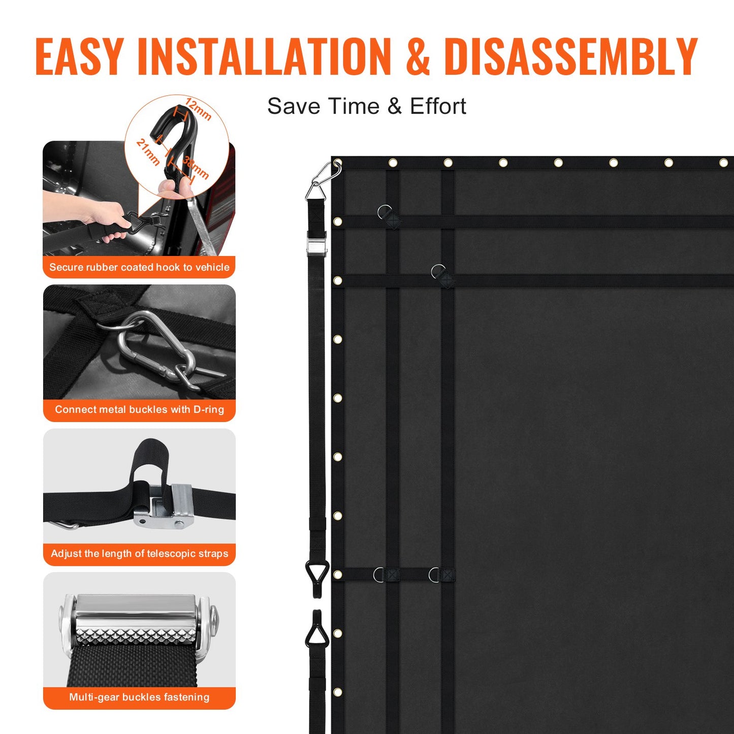 Ladungsnetz, 120 Zoll x 105 Zoll, robustes LKW-Ladungsnetz für Ladeflächen, 4 verstellbare Gurte mit Karabinern und gummierten Haken, langlebig, geeignet für Pickups, Jeeps, LKWs, SUVs, Boote (Schwarz)
