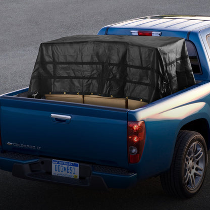 Ladungsnetz, 120 Zoll x 105 Zoll, robustes LKW-Ladungsnetz für Ladeflächen, 4 verstellbare Gurte mit Karabinern und gummierten Haken, langlebig, geeignet für Pickups, Jeeps, LKWs, SUVs, Boote (Schwarz)